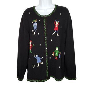 NEW Appleseeds Christmas Holiday Cardigan Sweater L People Ice Skater Snowballs
